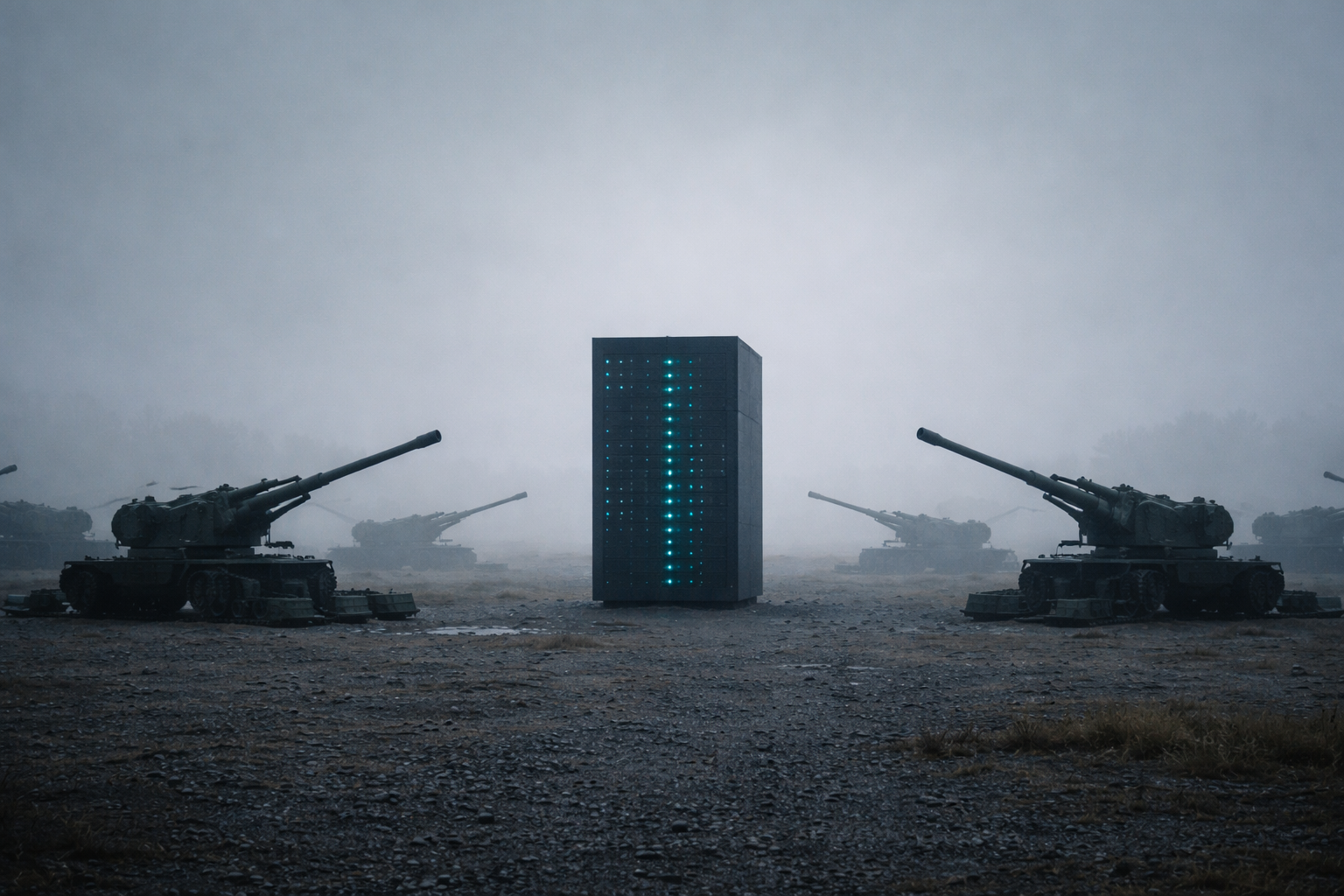 Friendly Fire - a ring of heavy artillery aimed inward at a lone server rack on a desolate military proving ground at dawn