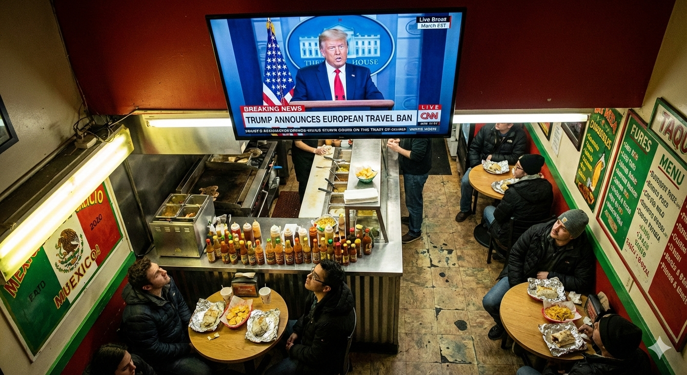 Trump on the TVs at El Jefe&rsquo;s Taqueria, Cambridge, March 2020