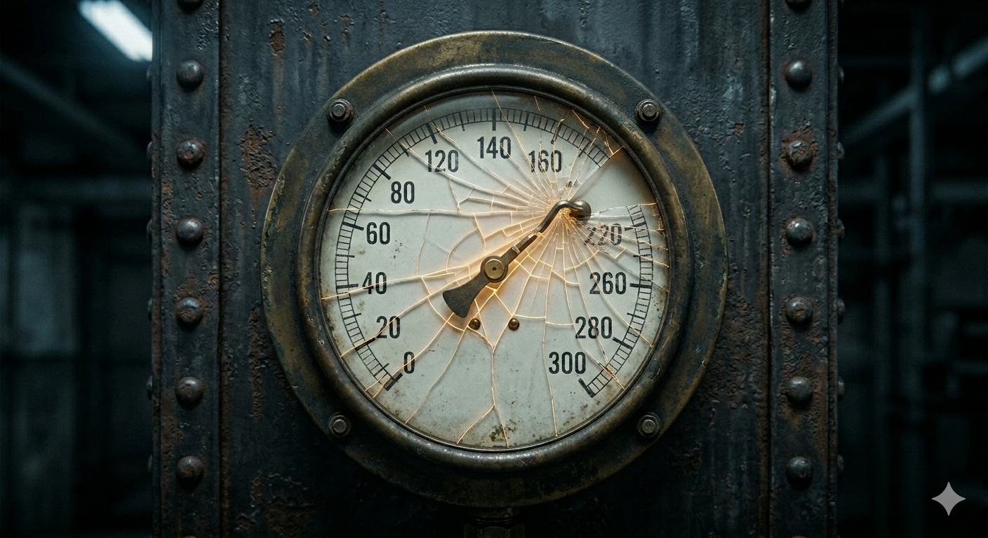 A cracked industrial pressure gauge with its needle bent past the maximum, amber light bleeding through the fractures